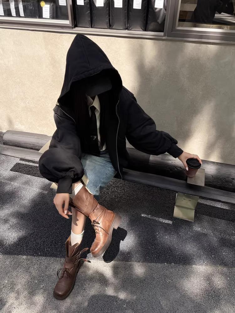 Full Cowhide Autumn and Winter Retro Heightening Medium Boots Belt Buckle Lace Locomotive Fried Street Knight Boots Thick-soled Martin Boots Women