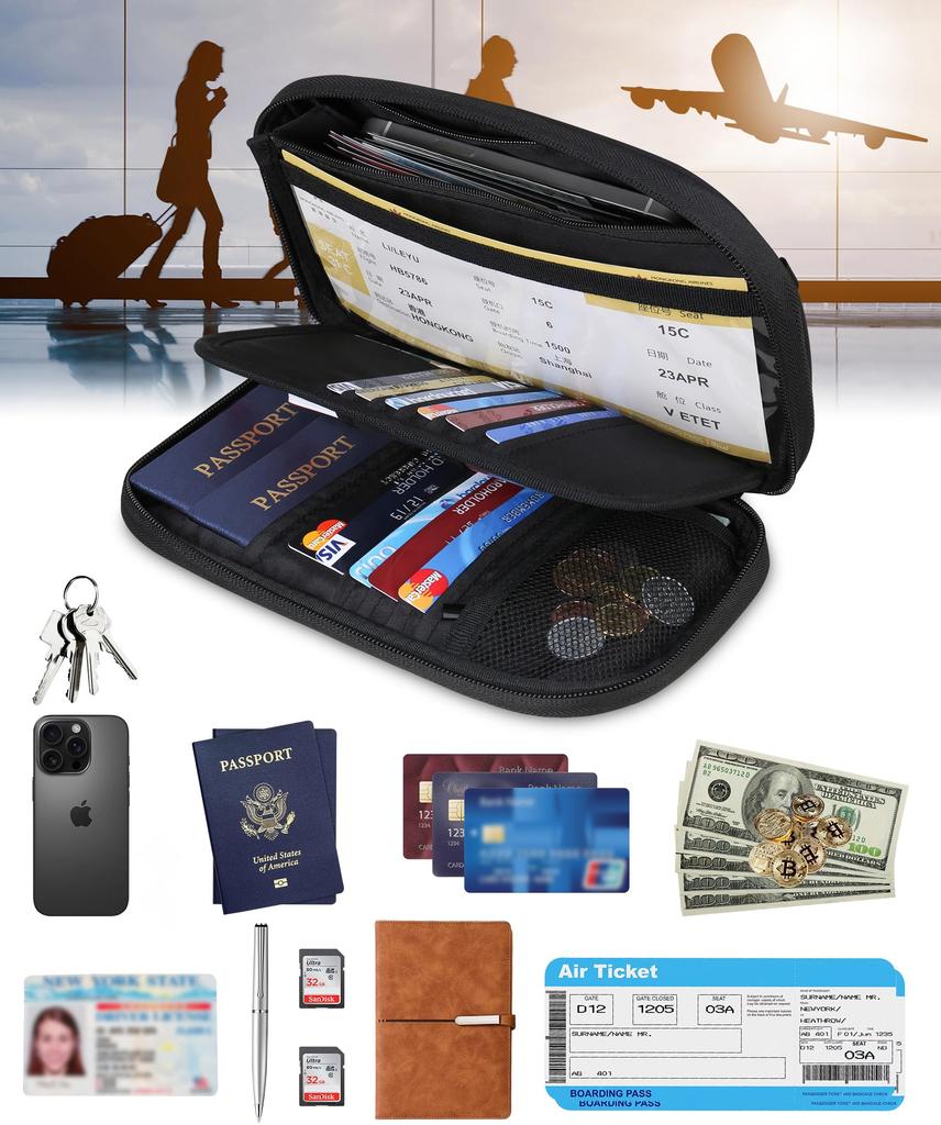 Lacdo Passport Family Passport Wallet for Women and Travel Document Credit Card Case Water with Detachable Wrist Neck Portable Travel Black Holder,