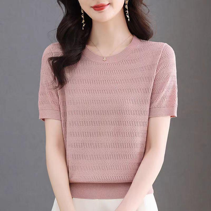 Women's Ice Silk Knitted Bottom Shirt Round Neck Loose Thin Short Sleeve T-shirt Hollow Top