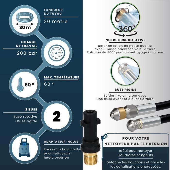 Flexible de nettoyage - kärcher - 30m - 160-200 bar - adaptateur inclus - buses rotatives