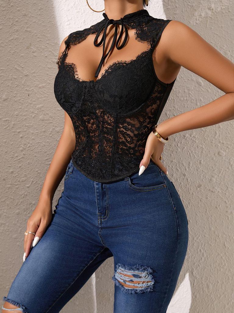 European Sexy Lace See-through Mesh Bustier Top