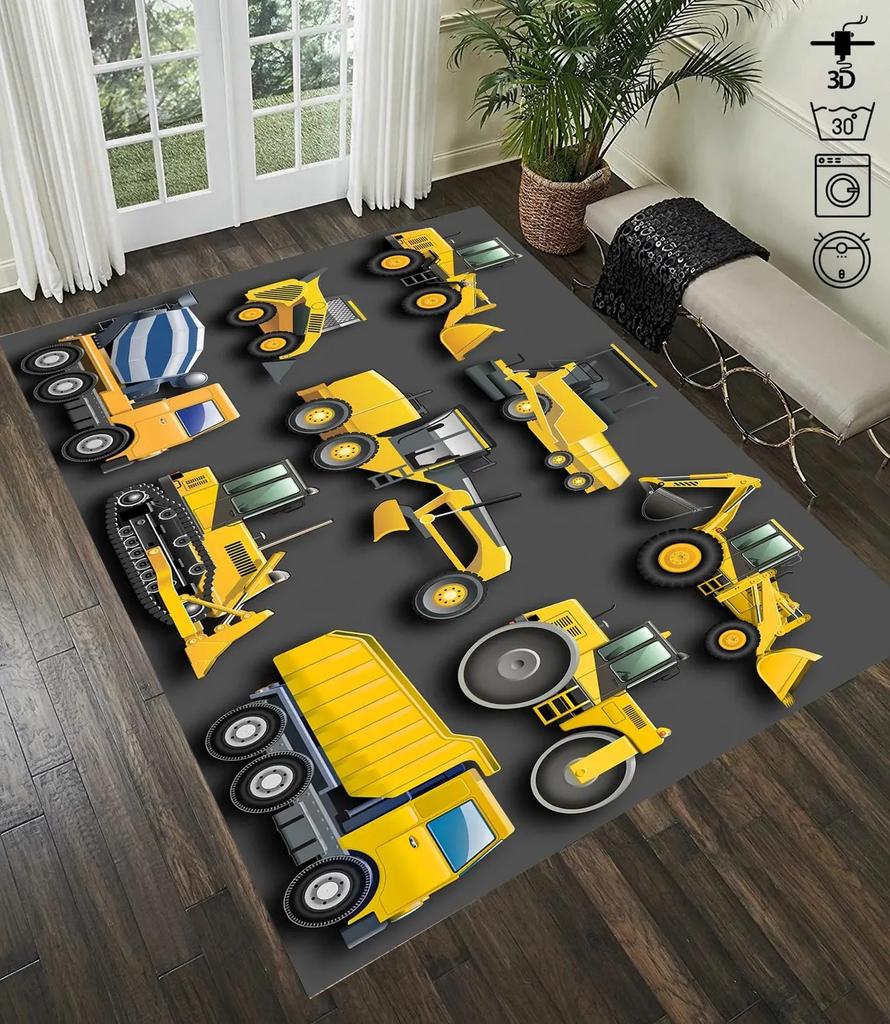 Construction Truck Area Rug – Kids Vehicle Themed Carpet – Non-Slip Floor Mat for Kids Bedroom,Playroom & Construction Fan Decor