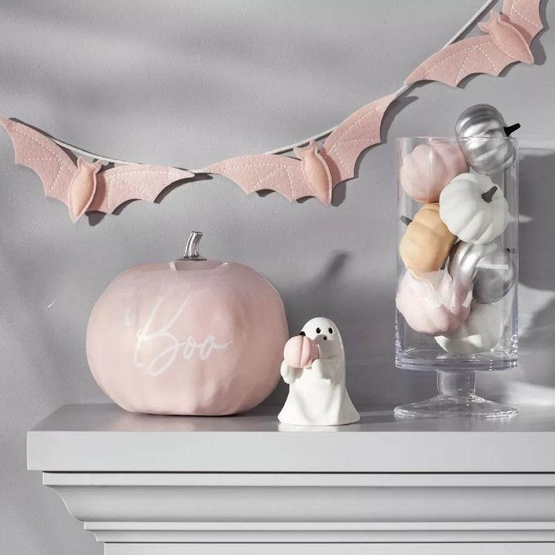 Halloween Niedlicher Harzgeist mit rosa Kürbis Fledermaus Harzstatue Halloween DIY Dekorat Puppe Heimparty Festival Originalität Geschenk