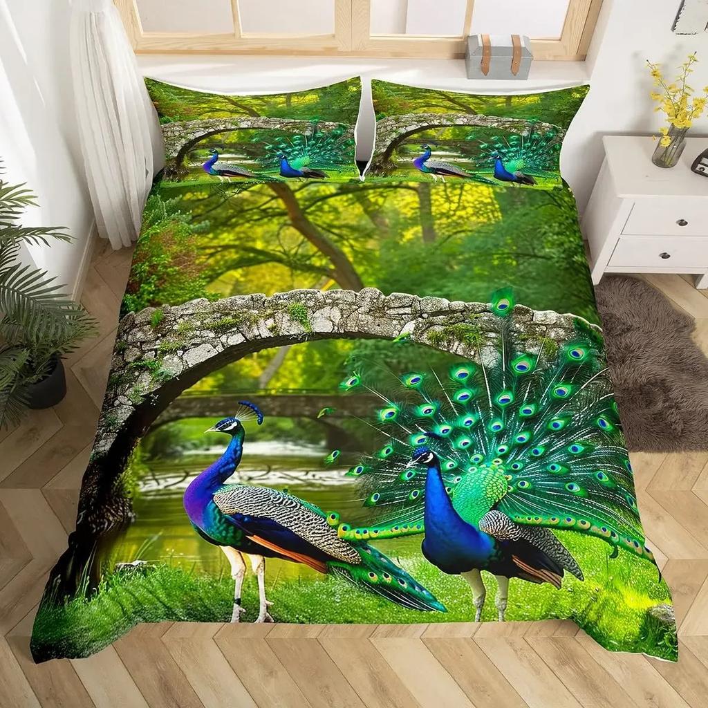 Peacock Duvet Cover Queen Watercolor Feather Bedding Set Bird Animal Floral Print Art Painting Comforter Cover and 2 Pillowcase