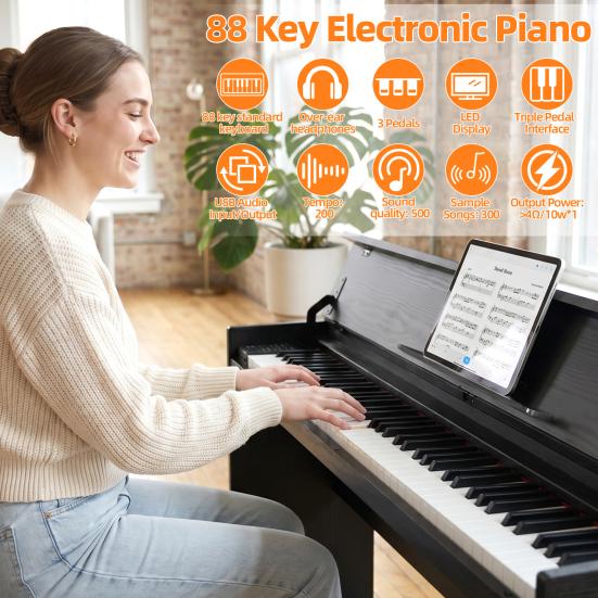 Piano Digitale Compatibile Bluetooth 88 Tasti con Triplo Pedale e MIDI USB, Tasti Sensibili al Tocco, 88 Tasti Pesati Jack Cuffie, Schermo LED,