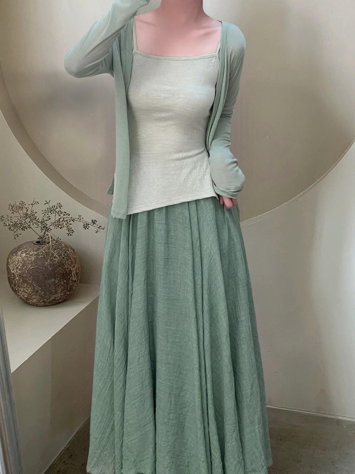 Spring 2026 Women s High Waist Ice Silk Cotton Linen Flowing Umbrella Skirt One Size зелёный