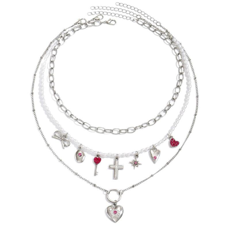 Imitation Pearl Bow Love Necklace Fashion Sweet and Cool Spice Girl Cross Pendant Accessories