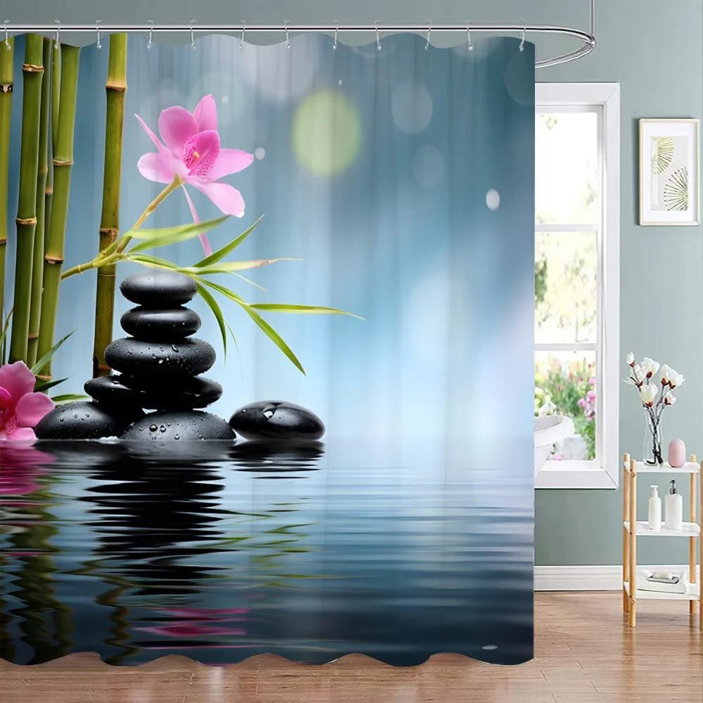 Green Bamboo Zen Shower Curtain Zen Stone Flower Flowers Meditation Zen Polyester Fabric Bath Curtains Bathroom Decor With Hooks