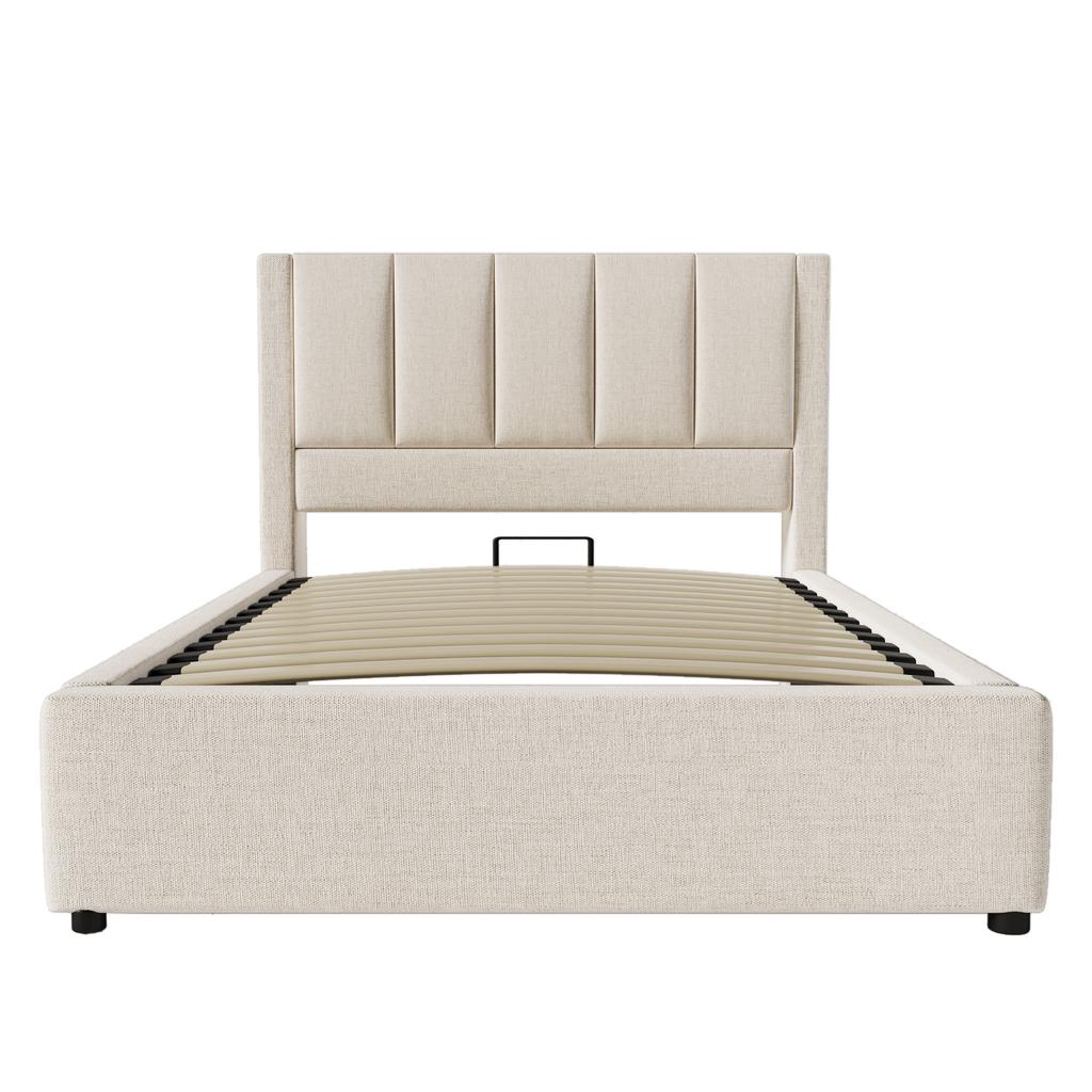 Upholstered Bed 90x200 cm Single with Hidden Cup Holder & Charging Station, Hydraulic with Storage Under the Bed, Linen Beige (Without Mattress)