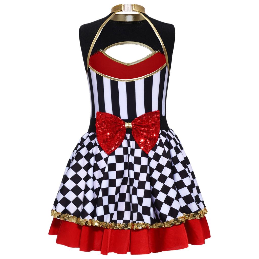Girls Wonderland Queen Costume Sequins Mock Neck Sleeveless Chest Cutout Back Waist Bow Built In Briefs Puffy Dress