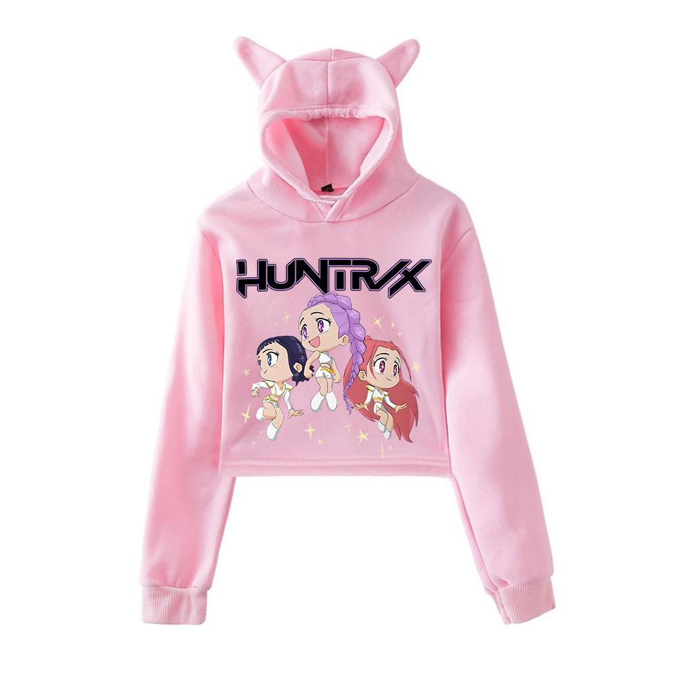 KPop Demon Hunters Tegneserieprintet Hettegenser med Katteører Dame Langermet Cropped Sweatshirts Kvinnelig Casual Streetwear Cropped Topper