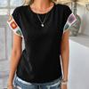 Ladies Summer Ruffles Short Sleeve O Neck Color Block Jacquard Pullover T Shirt Top