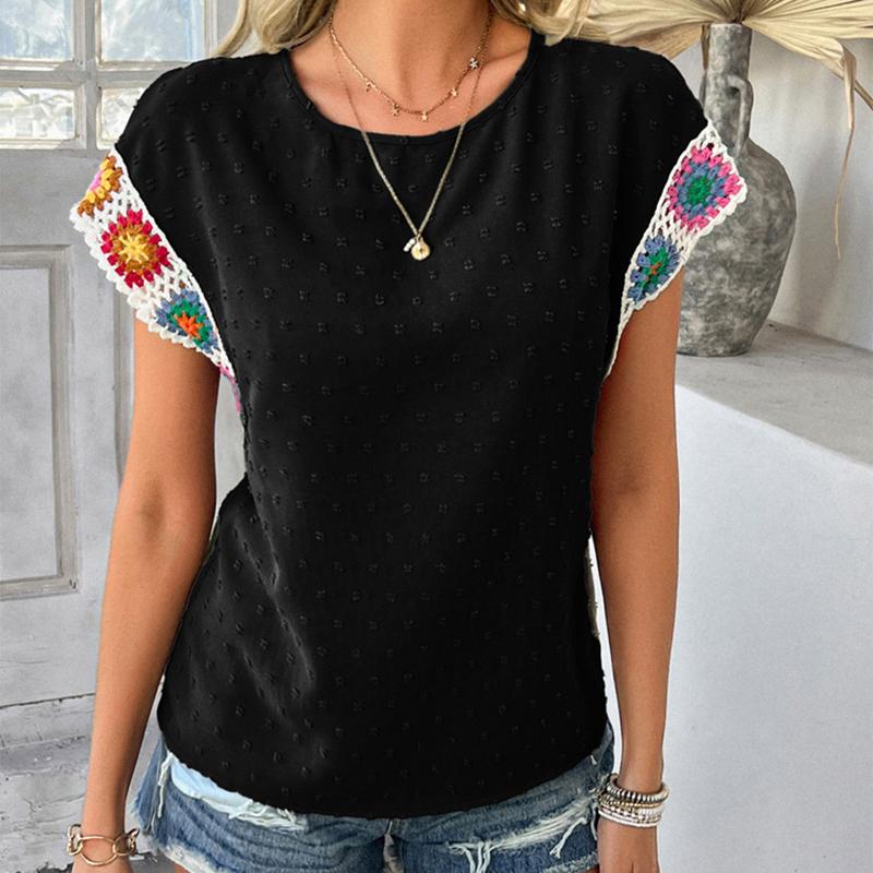 Ladies Summer Ruffles Short Sleeve O Neck Color Block Jacquard Pullover T Shirt Top