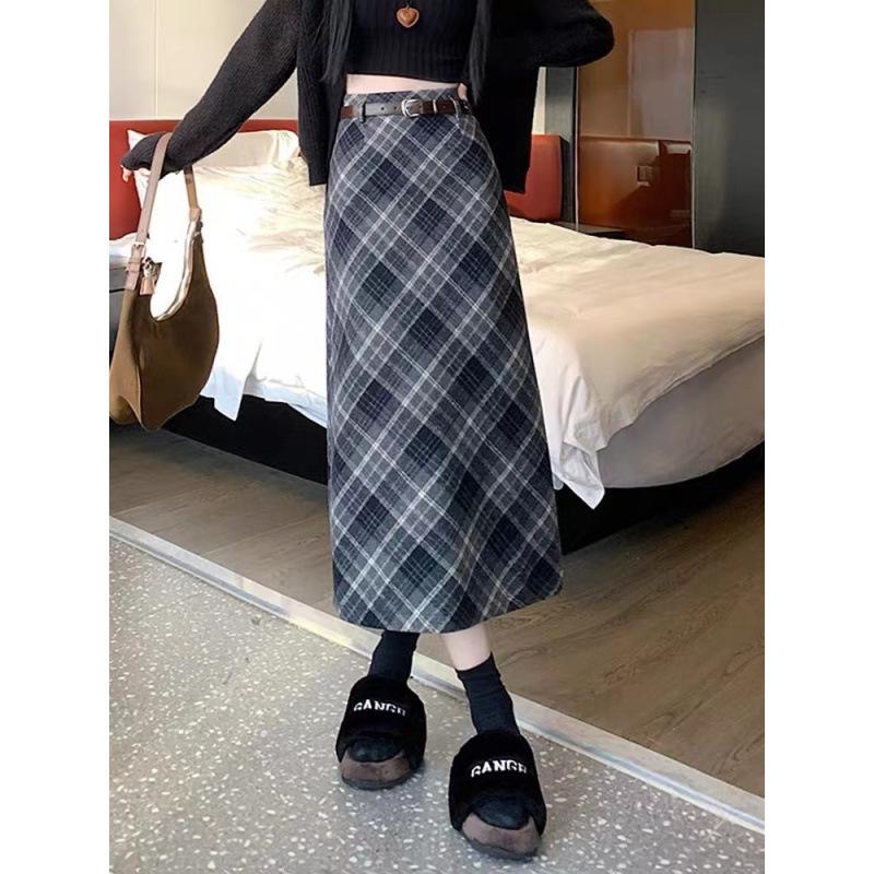 Falda Midi de Lana a Cuadros Retro: Cintura alta corte A con abertura, Adelgazante Largo medio para Otoño/Invierno 2023