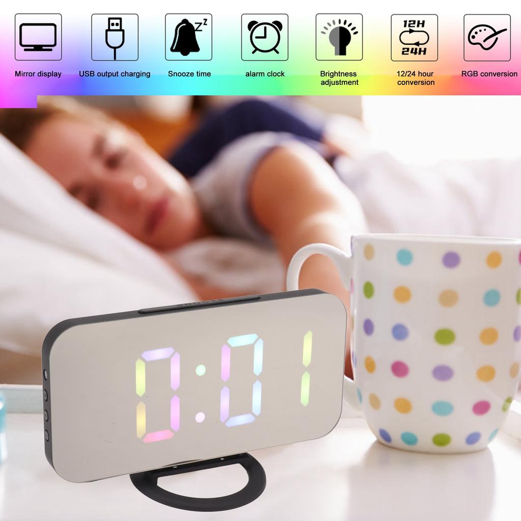 LED Mirror Digital Alarm Clock Large Brightness Colorful RGB Display Beside Digital Clock with Dual USB Ports