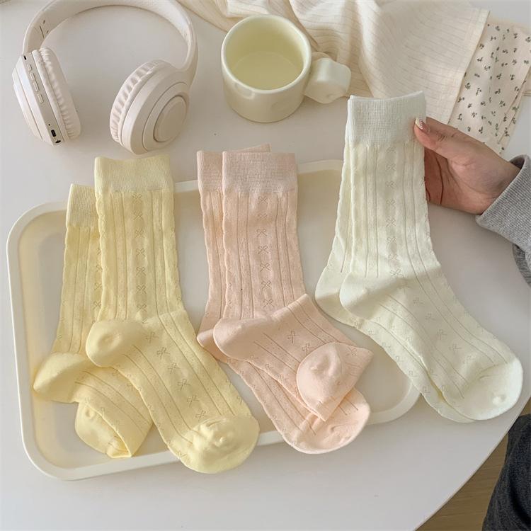 Korean Style Women Socks Cute Bow Lolita Sweet Girls Kawaii Middle Tube Socks Hollow Out Mesh Breathable Solid Color Long Socks