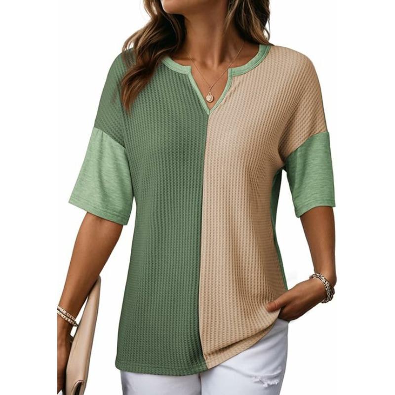 Women Notch V Neck Waffle Knit Color Block Elbow Sleeve Loose Casual Top S зелёный