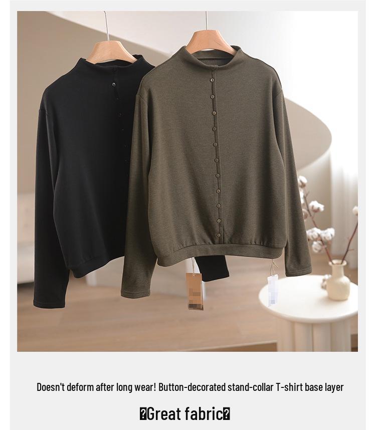 Women's Autumn/Winter Stand Collar Brushed Fabric Base Layer T-Shirt - Loose Slimming, Skin-Friendly Top