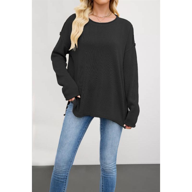 

New women s clothing hot autumn and winter knitted solid color round neck loose and versatile basic pullover sweater S чёрный