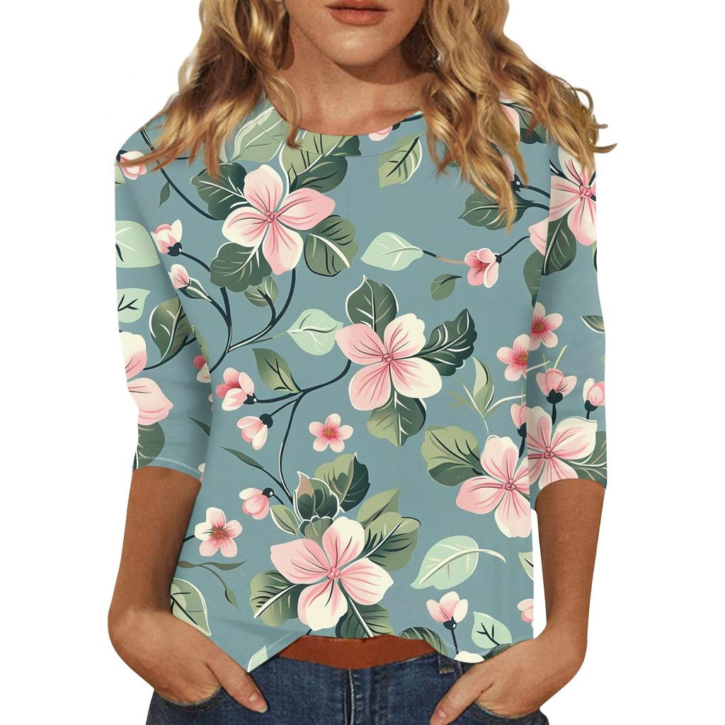 Women's Floral Print Round Neck Top With Three Quarter Sleeves T-Shirt Three Quarter Sleeves T-Shirt