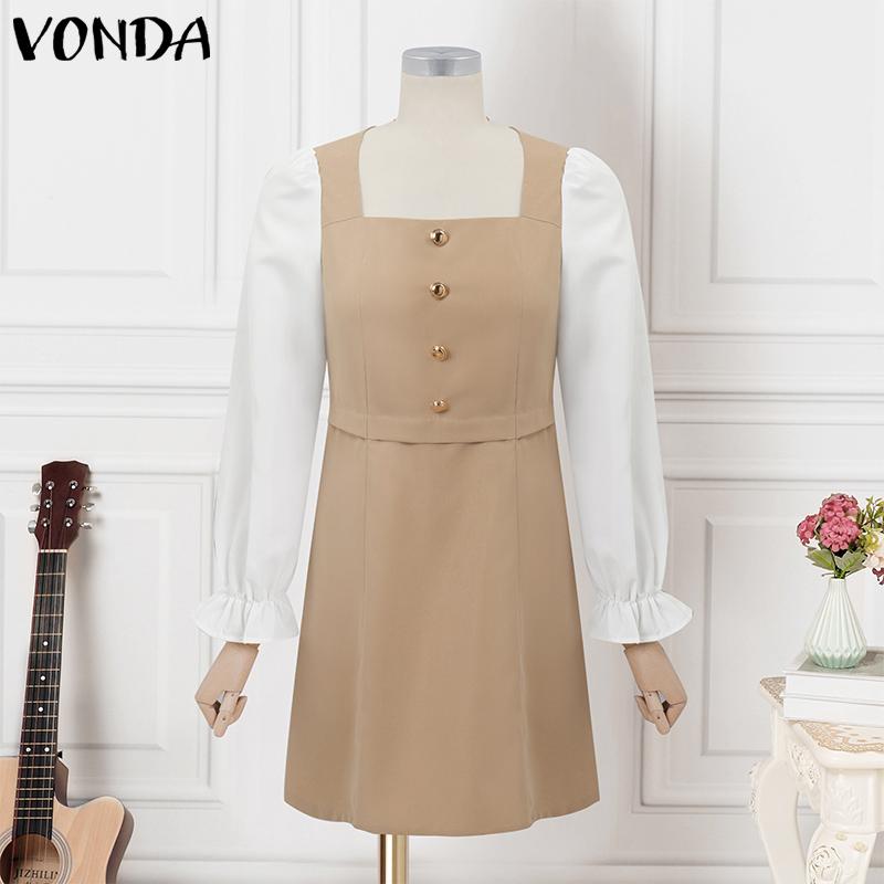 VONDA Women Casual Long Sleeve Square Neck Colorblock Dress