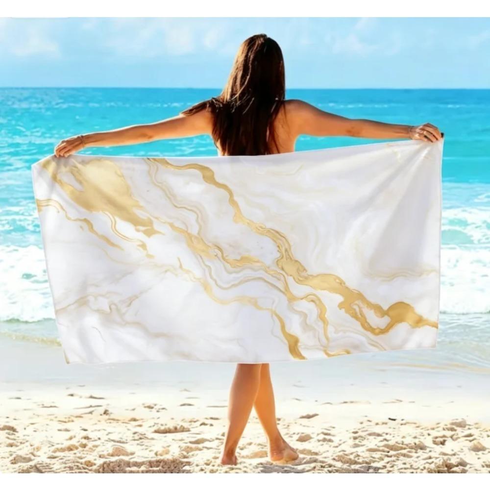Marble Swirl Beach Towel, Microfiber Large Sand Free Quick Dry, Black White Gold Abstract Design, Soft Absorbent Towels Bathroom