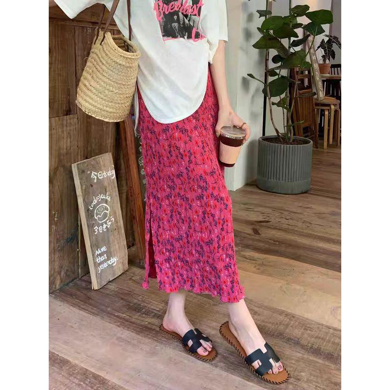 

Юбка с цветочным принтом женская летняя дофаминовая плиссированная с принтом роз с высокой талией, стройнящая, прямая юбка с разрезом сзади, пляжное длинное платье Rose Red M