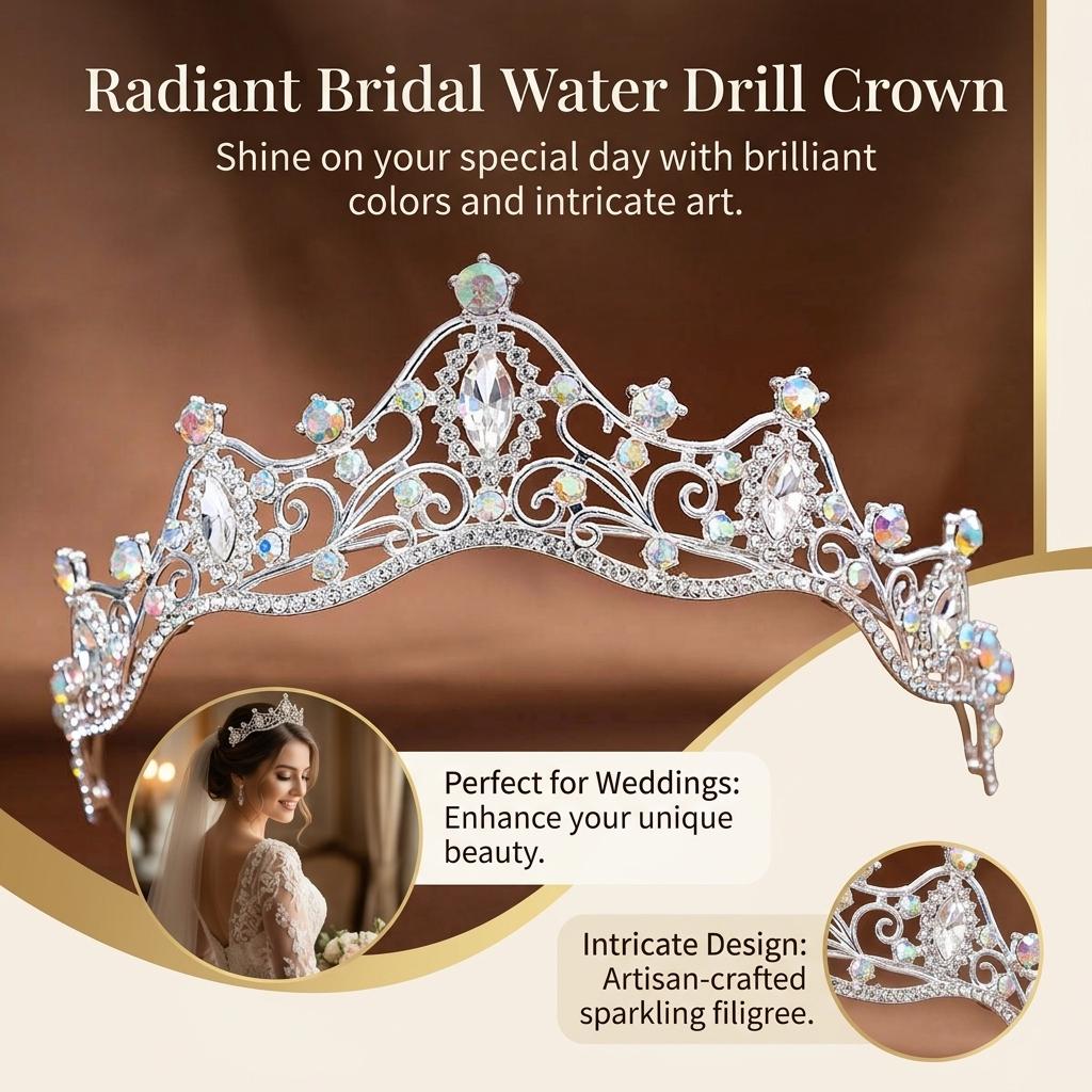 Bridal Rhinestone Crown Headpiece Alloy Base With High-Refractive Index For Wedding Ceremony And Stage Performance