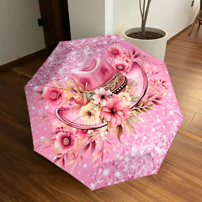 

Pink Floral Cowboy Hat Auto Open Close Umbrella - Portable Folding Design with Iron Frame - Outdoor Gift for Fans, Travelers, Daily Use11250