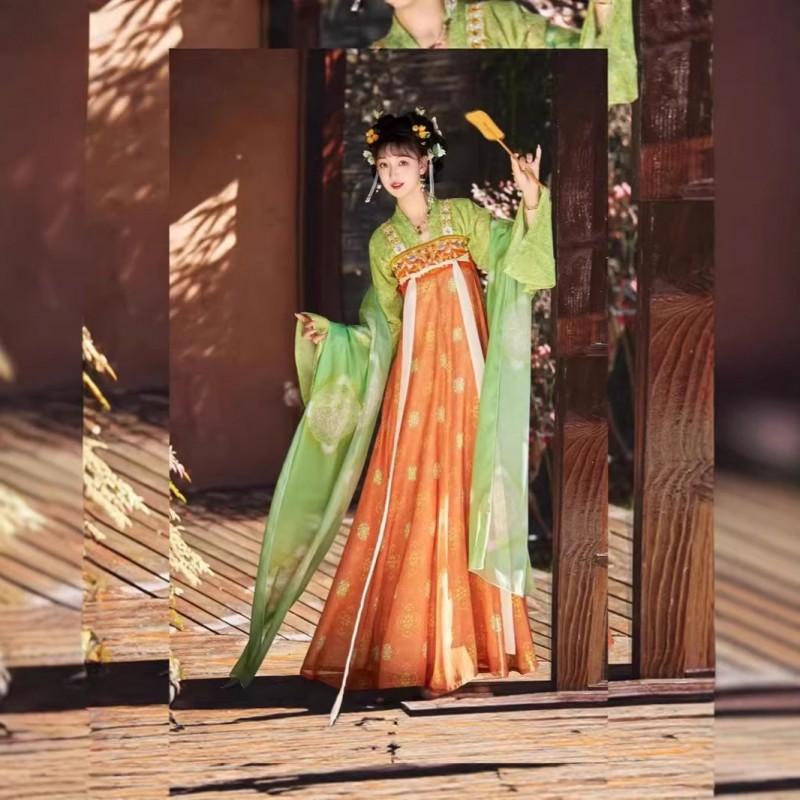 Authentic Tang Dynasty Style Hanfu Set Womens Wrap Skirt Outfit With Floral Print Embroidery