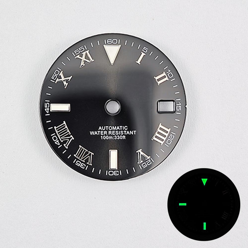 NH35 29mm No Logo Sterile Sunburst Watch Dial For NH35A NH36 Movement Green Luminous Silver/Rose Gold Roman Numeral Nail Dial