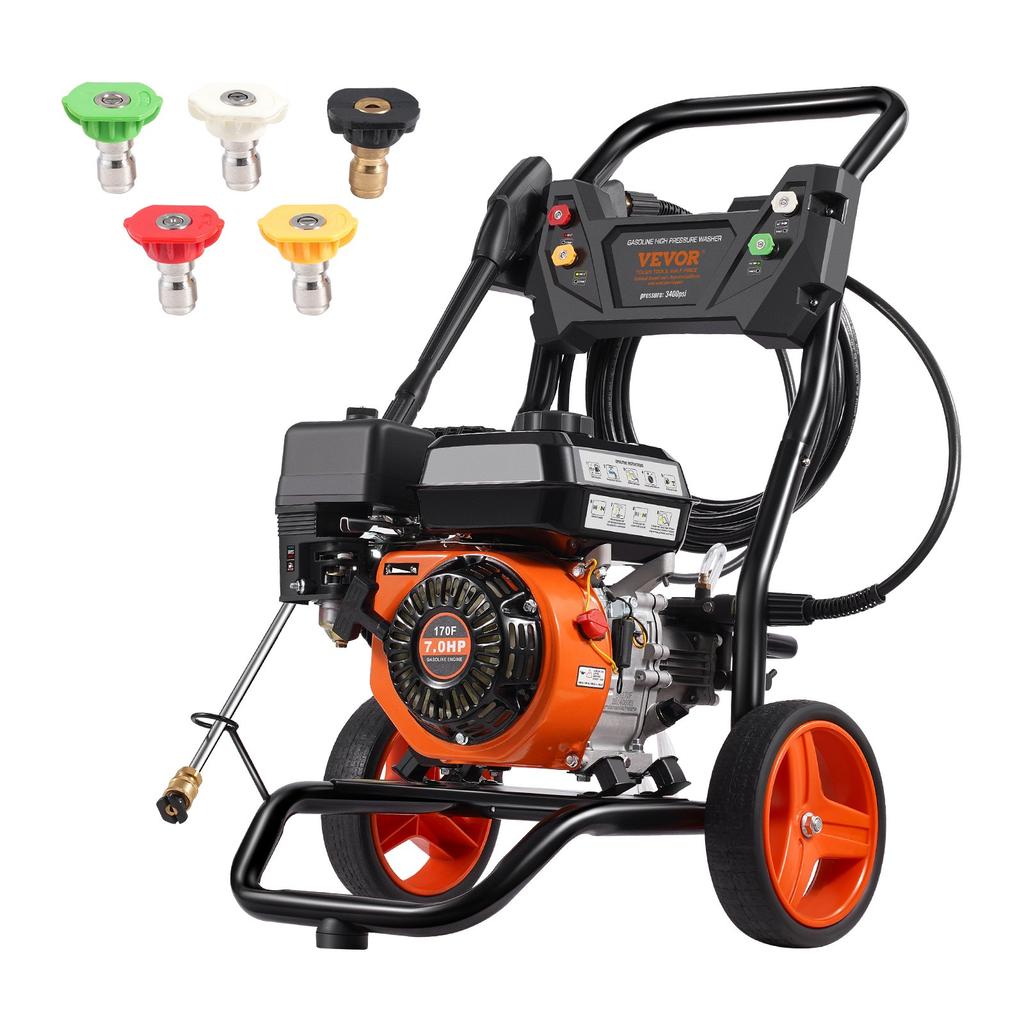 VEVOR Gas Pressure Washer, 3400 PSI 2.6 GPM, Gas Powered Pressure Washer 10L/min with Aluminum Pump, Spray Gun and Extension Wand, 5 Nozzle Set