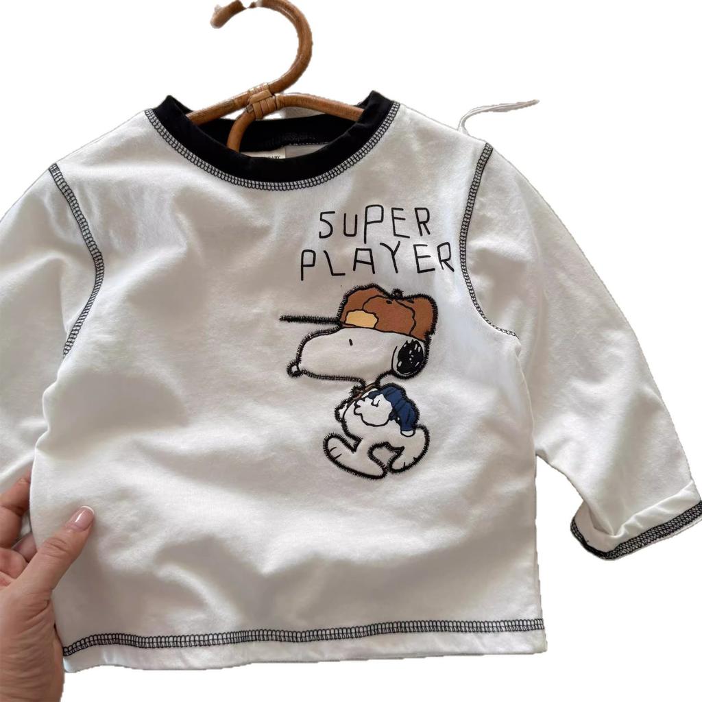 Boys Long Sleeve Cotton T Shirt with Cartoon Embroidery for Spring Autumn