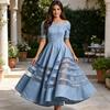 Damen schulterfreies Jeanskleid, Netz-Patchwork Kurzarm A-Linie Swingkleid, Sommer Reise Urlaub langes Kleid