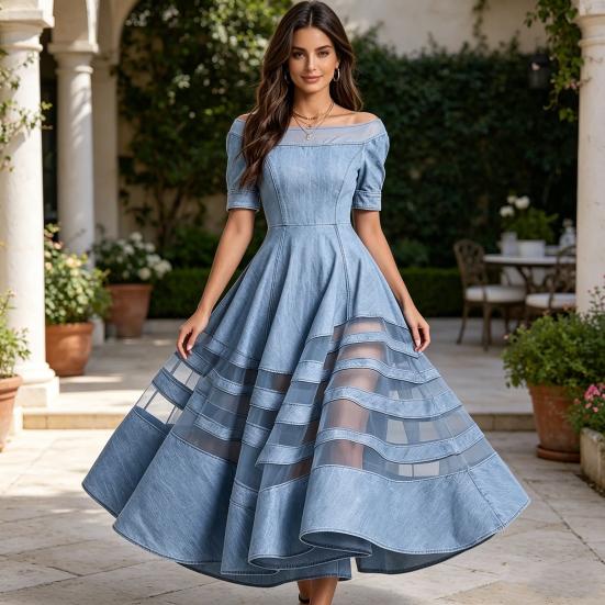 Damen schulterfreies Jeanskleid, Netz-Patchwork Kurzarm A-Linie Swingkleid, Sommer Reise Urlaub langes Kleid