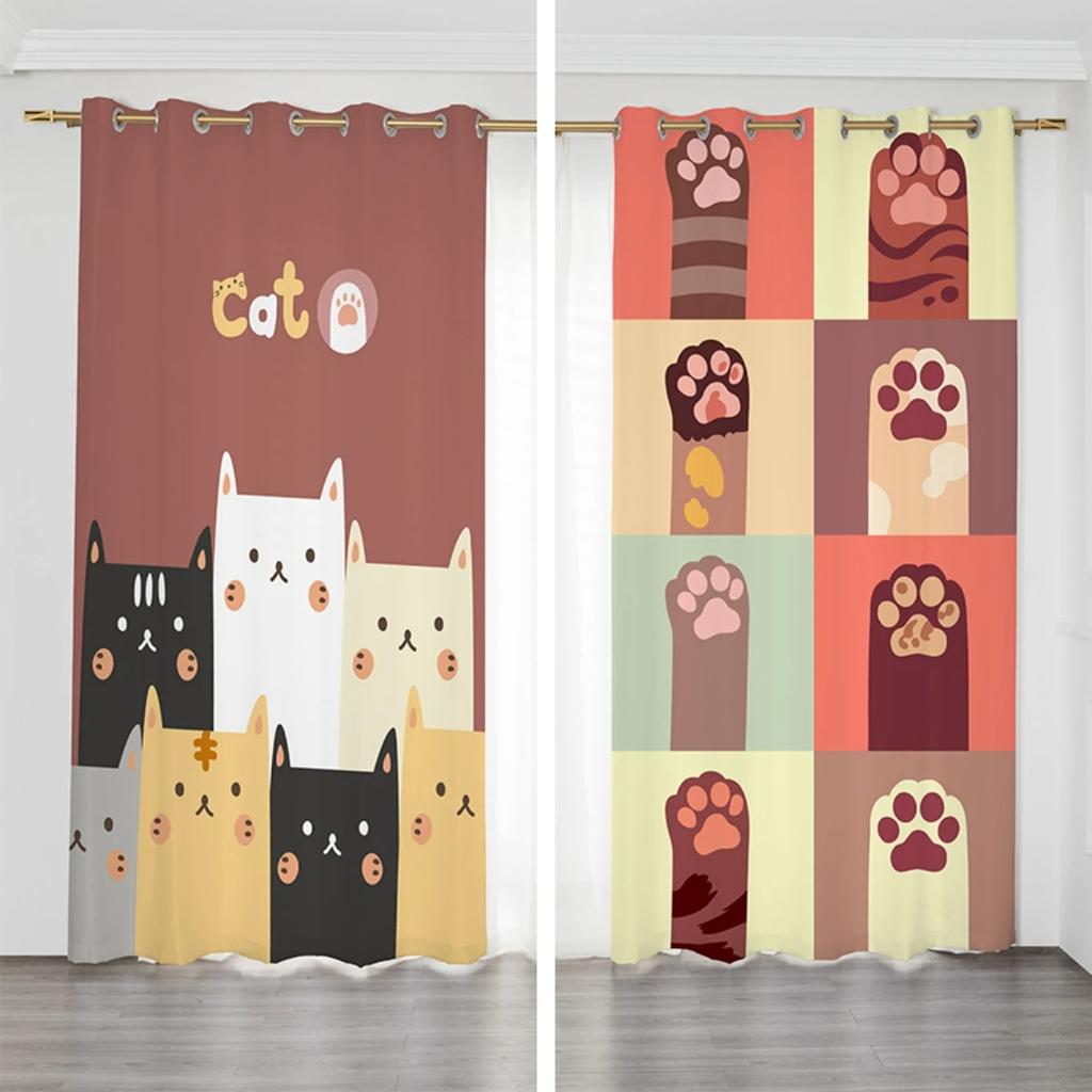 Nordisch Minimalistisch Niedliche Katze Hohe Verdunkelung Vorhang Paar Schlafzimmer Persönlichkeit Kreativ Verdunkelungsvorhang Ösenaufhängung Hakeninstallation