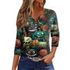 Women's T Shirt Tee Halloween Printed Button 3/4 Sleeve Tunic Daily Weekend Fashion Basic V- Neck Regular Top