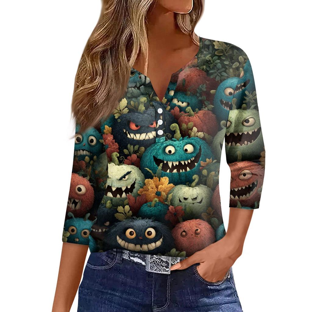 Women's T Shirt Tee Halloween Printed Button 3/4 Sleeve Tunic Daily Weekend Fashion Basic V- Neck Regular Top