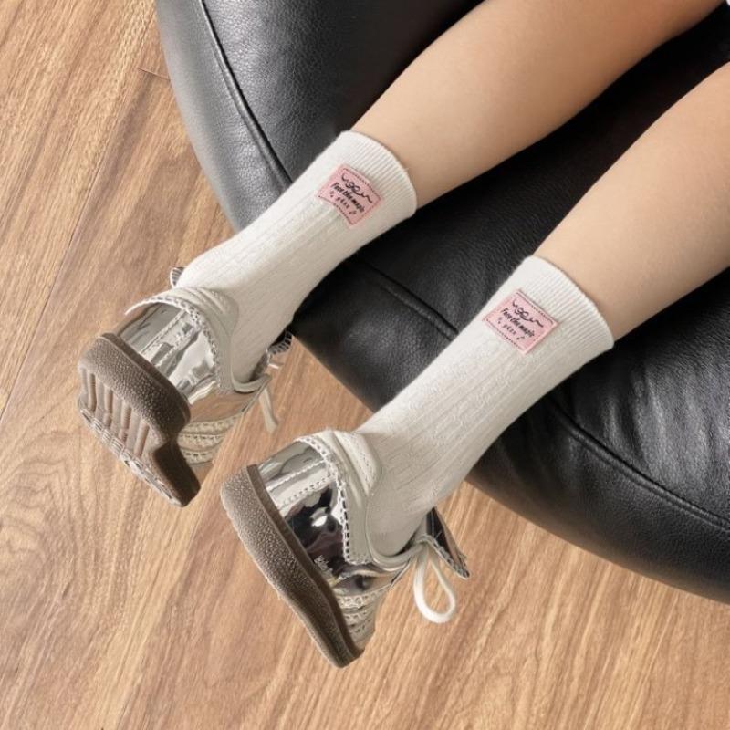 White Socks for Girls, Pile Socks for Spring, Versatile, Followed By Cloth Label Trendy School Windbreaker Socks for Girls
