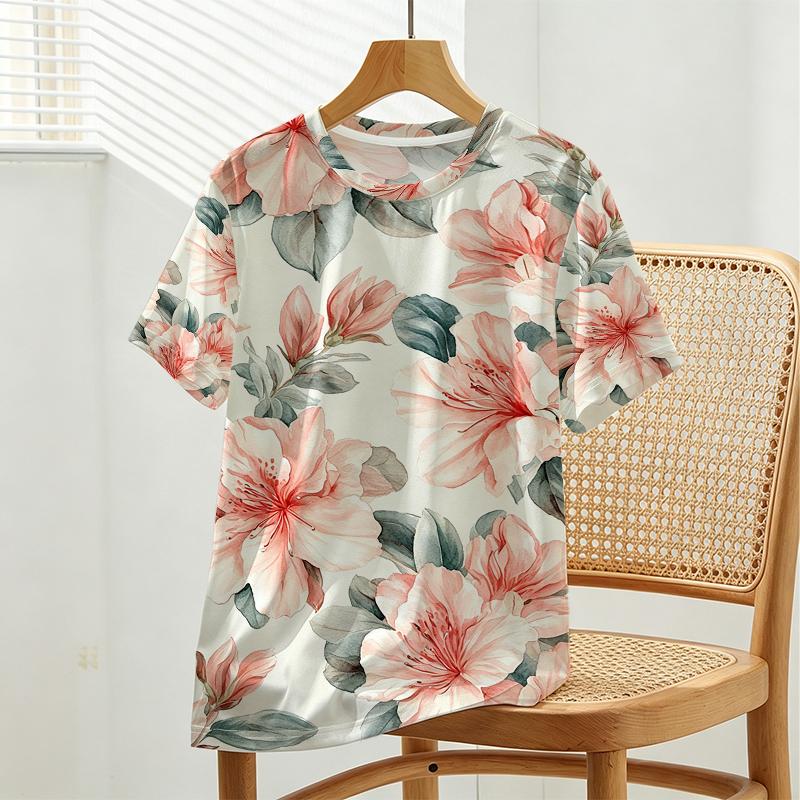 Women's Short Sleeve Top, Basic Versatile Floral Tee, Soft & Comfy Casual Shirt for Daily Shopping, Errands & Casual Leisure Wear