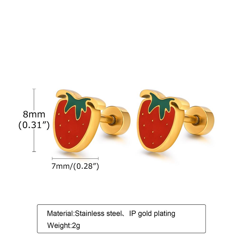 Women's Chic Minimalist Strawberry Stud Earrings, Gold Color Stainless Steel Dainty Charm Rainbow Hoop Dangle Earring To Girls
