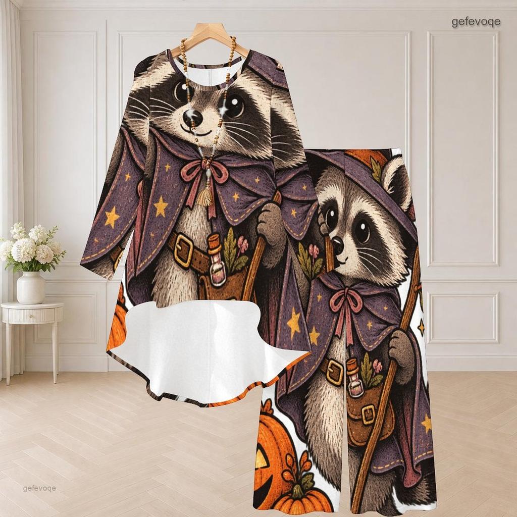 Women Plus Size Round Neck Long Sleeve Cartoon Bear Printed High Low Top Wide Leg Pants Two Piece Set