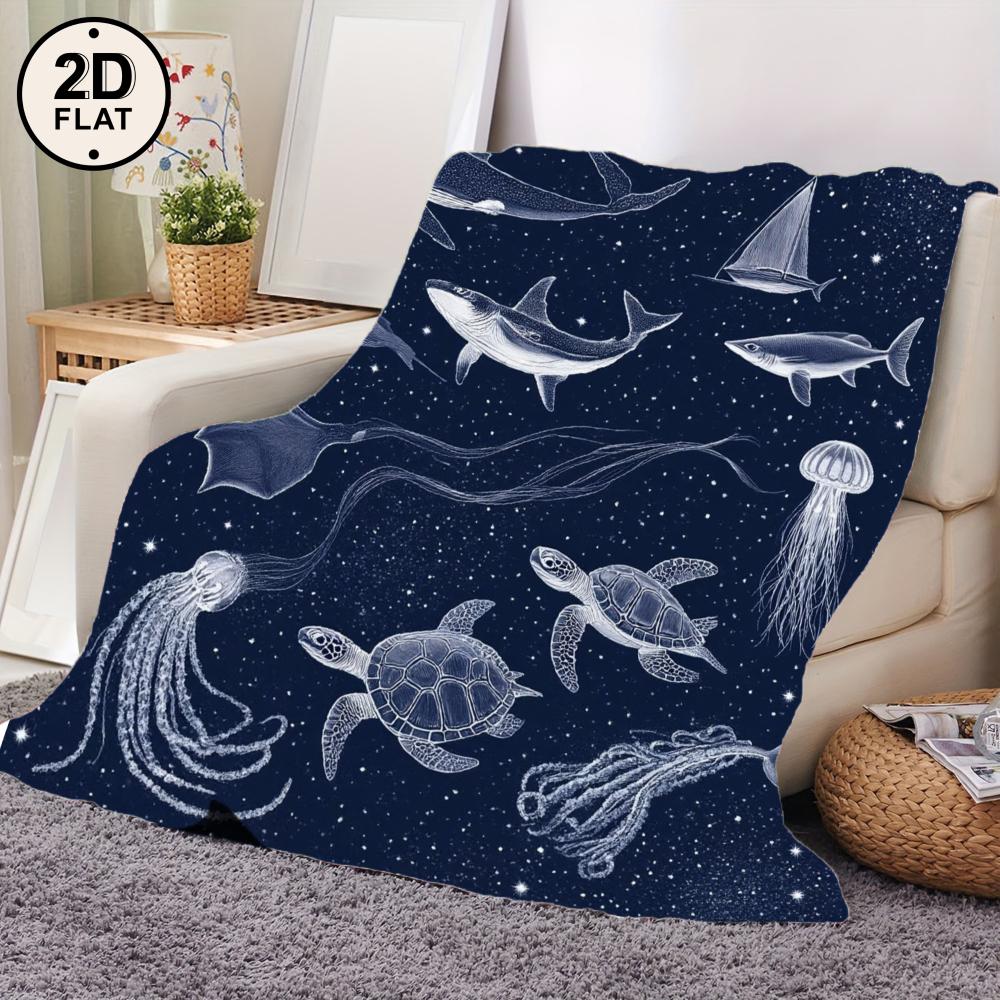 1pc Soft & Cozy Flannel Blanket - Oceanic Sea Creatures Print with Whale Shark, Manta Ray, Octopus, Turtles & Jellyfish - Dark B