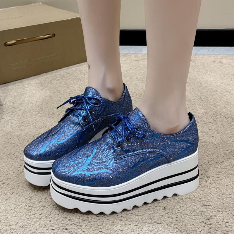 Platform Single Shoes Autumn New Round Toe Lace-Up Front Sequin Anti-Slide Heel Low-Top Women's Shoes