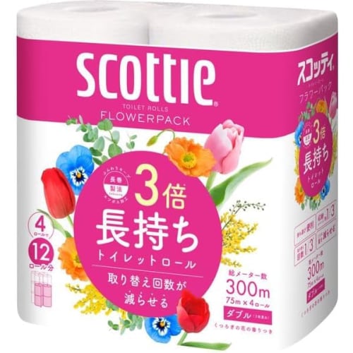 Flower Pack 3x Longer-Lasting Toilet Paper, 75m Double (75m X 4 Rolls X 2 Bags) with Original Tissues, Bulk Purchase