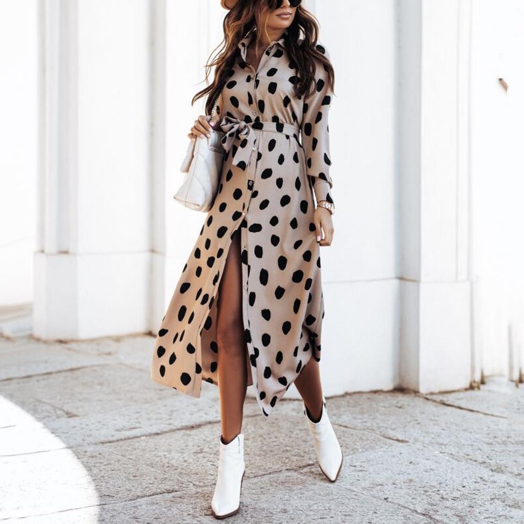 Women Leopard Chiffon Long Sleeve Printing Casual Party Vintage Boho Maxi Dress