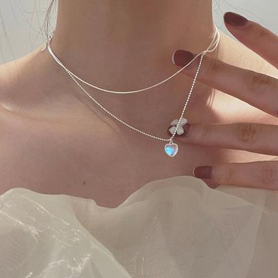 925 Sterling Silber Doppelschicht Mondstein Herz Charm Halsketten & Anhänger Choker Statement Für Frauen Schmuck dz596