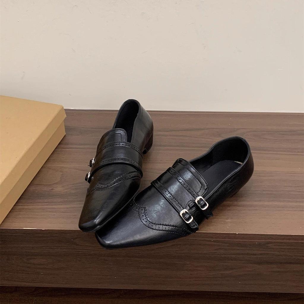 Early autumn square head thick heel single shoes women's versatile and thin British style small leather shoes loafers women's shoes