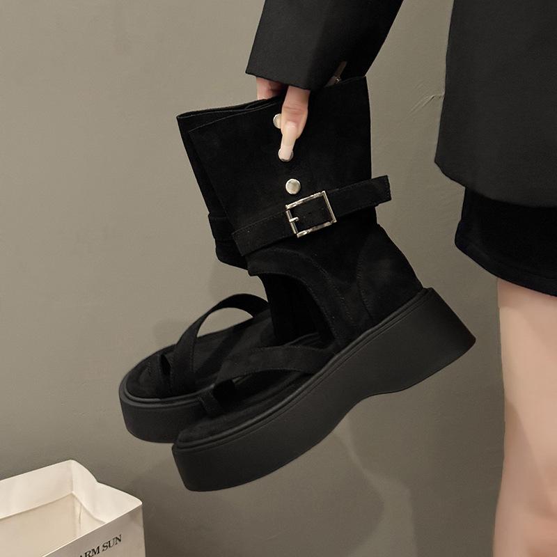 Vintage thick-soled Roman cool boots for women's 2025 summer new fashion set-toed high-top sandals heightened zipper short boots