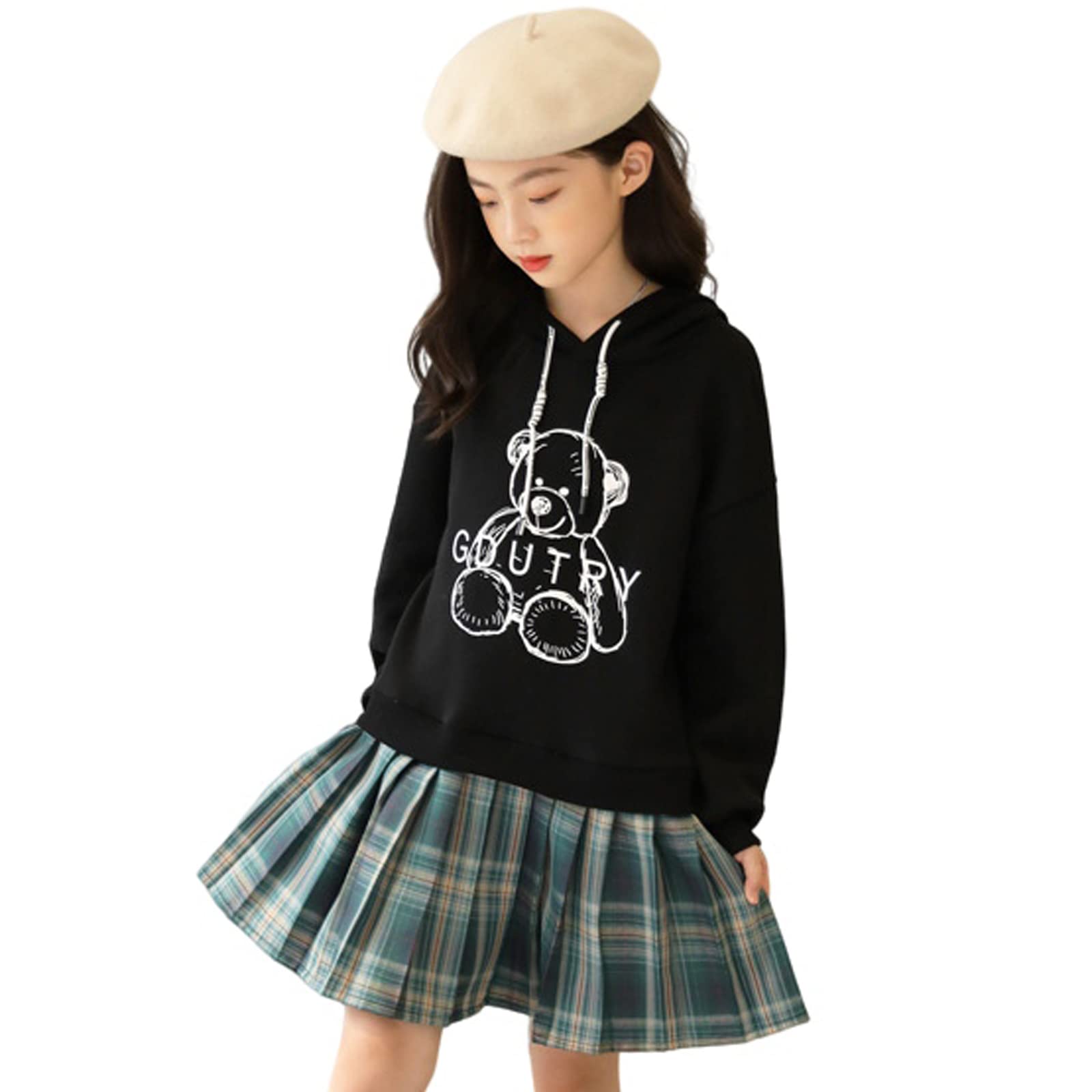 

Худи с медведем, плиссированное, длинное, многослойное, повседневное, размеры, идеально для каждого дня и платья для девочек YY-Natuhi, принт, юбка, рукава, образ, туника, 110-160 см, чёрный